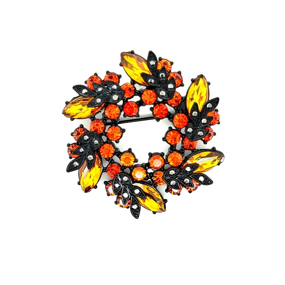 Napier Wreath Brooch‎ Orange Amber Rhinestone Black Tone Autumn Leaf Pin Vintage